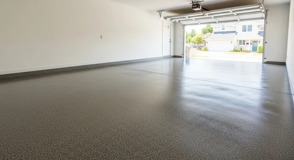 Finished polyaspartic flake garage floor coating in a Durham, NC residential garage, installed by NC Garage Floors