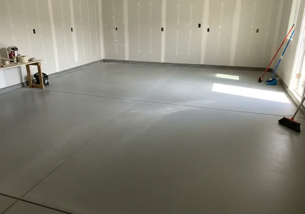 Concrete floor preparation in a Wake Forest, NC new construction home before polyaspartic coating application