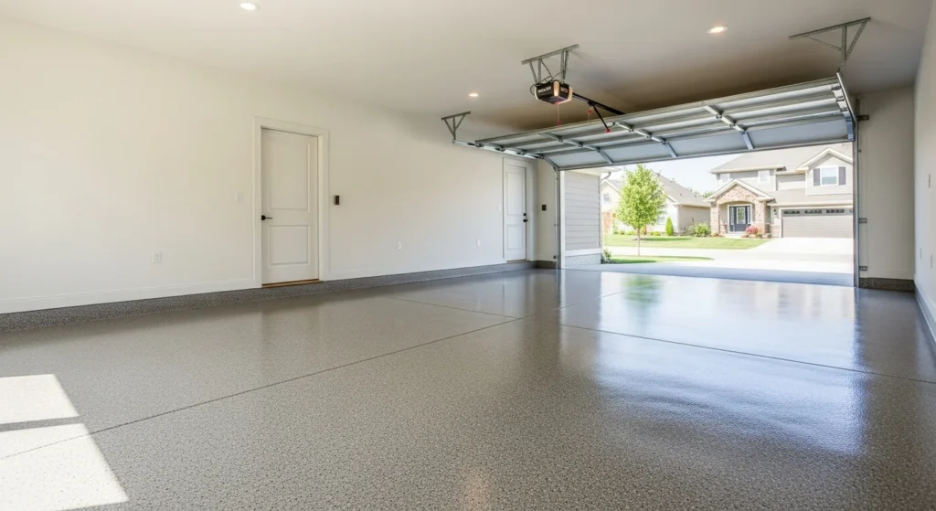 Polyaspartic flake garage floor coating professionally installed in a Raleigh, NC residential garage by NC Garage Floors